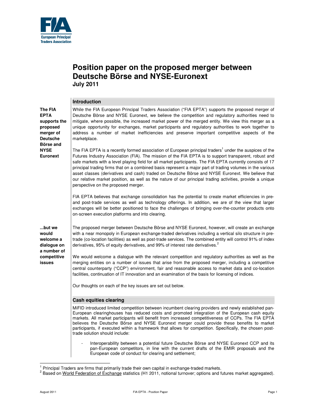 Position Paper on the Proposed Merger Between Deutsche Börse and NYSE-Euronext July 2011