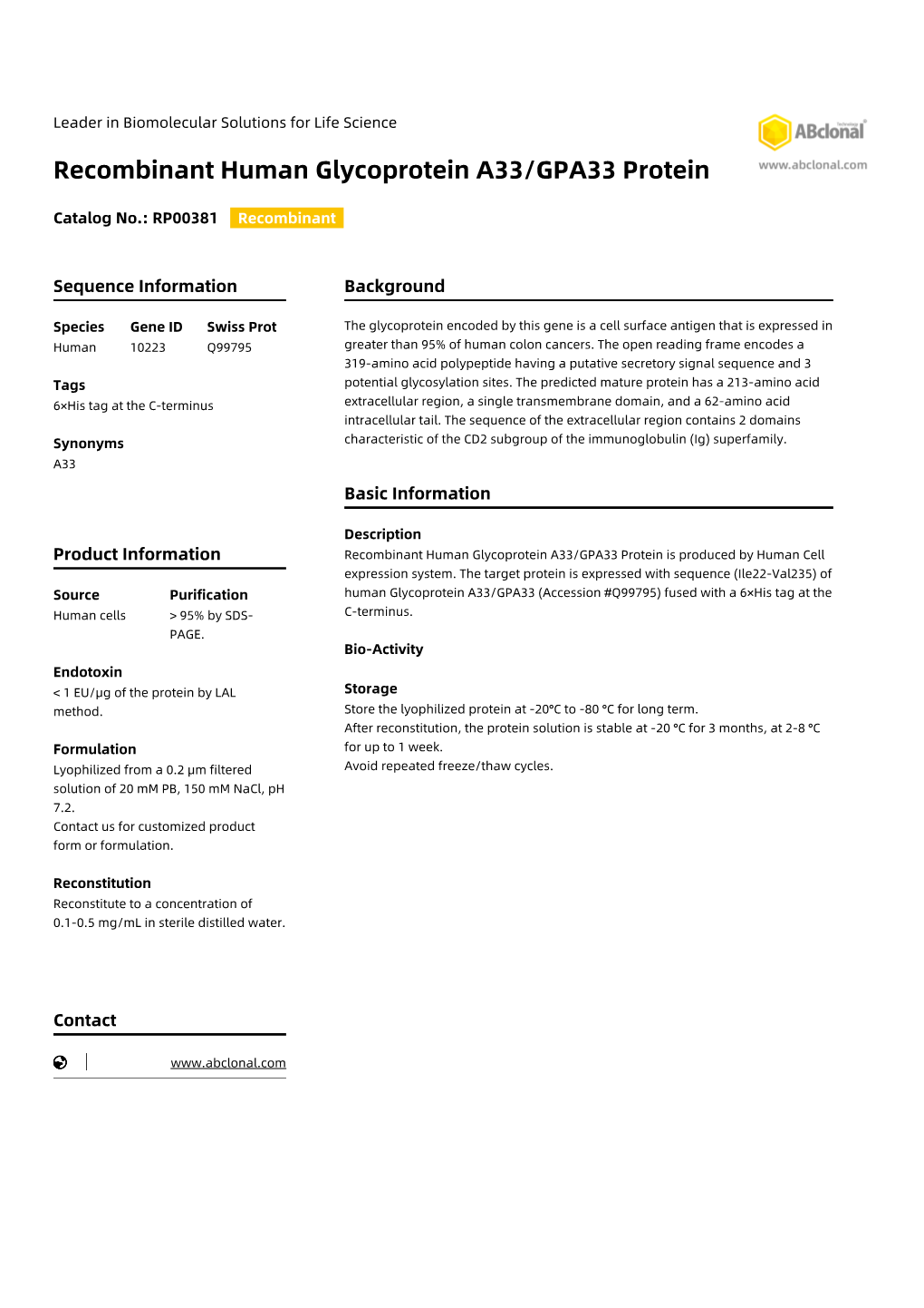 Recombinant Human Glycoprotein A33/GPA33 Protein