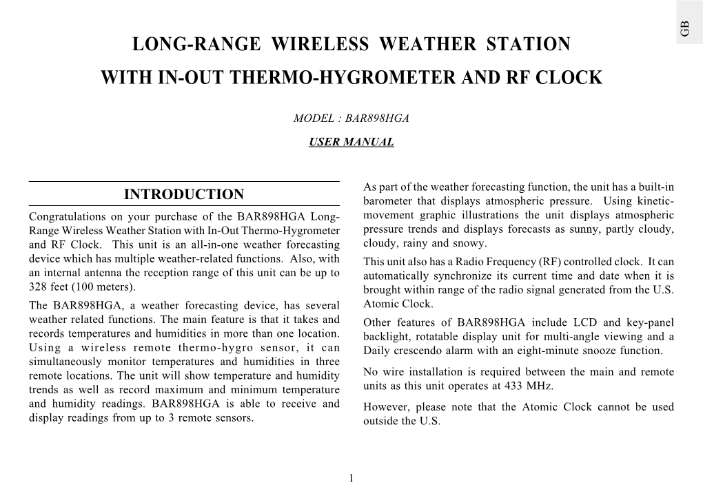 Long-Range Wireless Weather Station with In-Out Thermo-Hygrometer and RF Clock Model: BAR898HGA User Manual