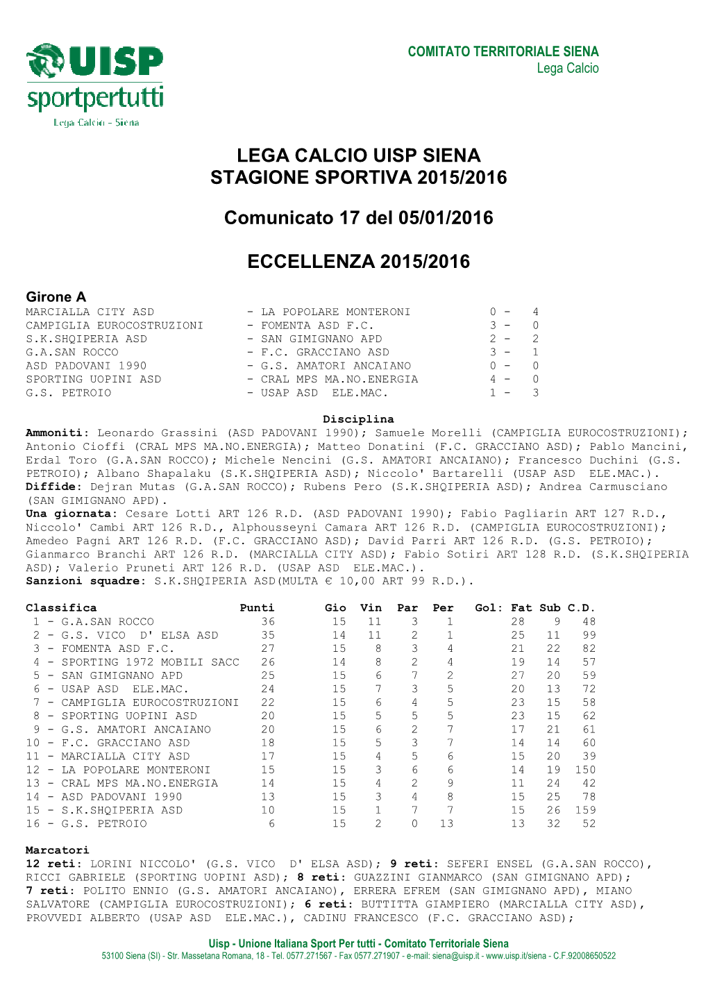 Lega Calcio Uisp Siena Stagione Sportiva 2015/2016