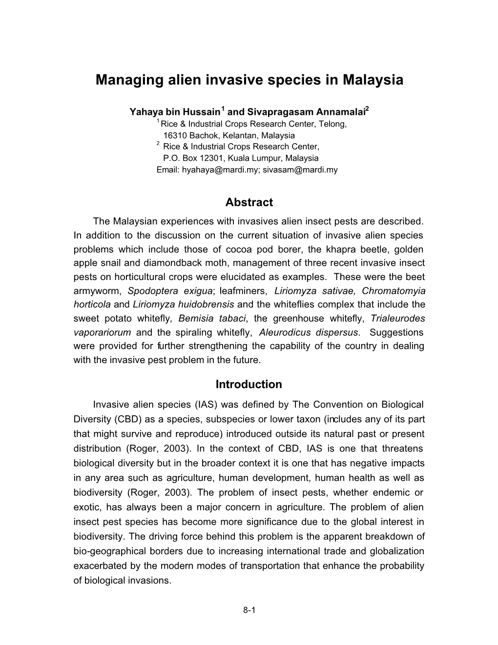 Managing Alien Invasive Species in Malaysia