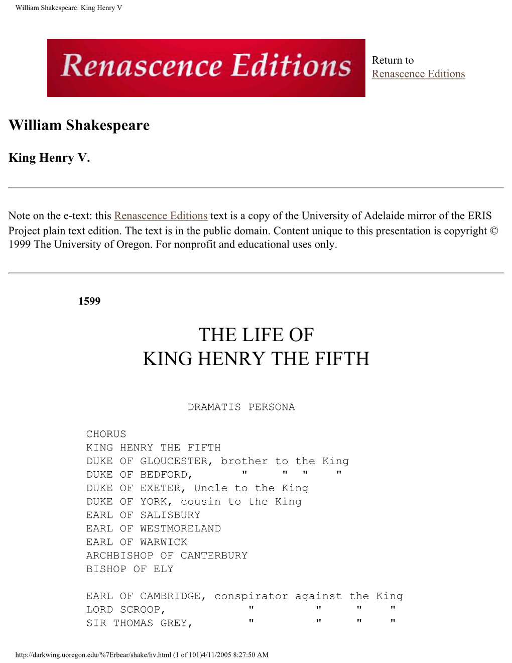 William Shakespeare: King Henry V