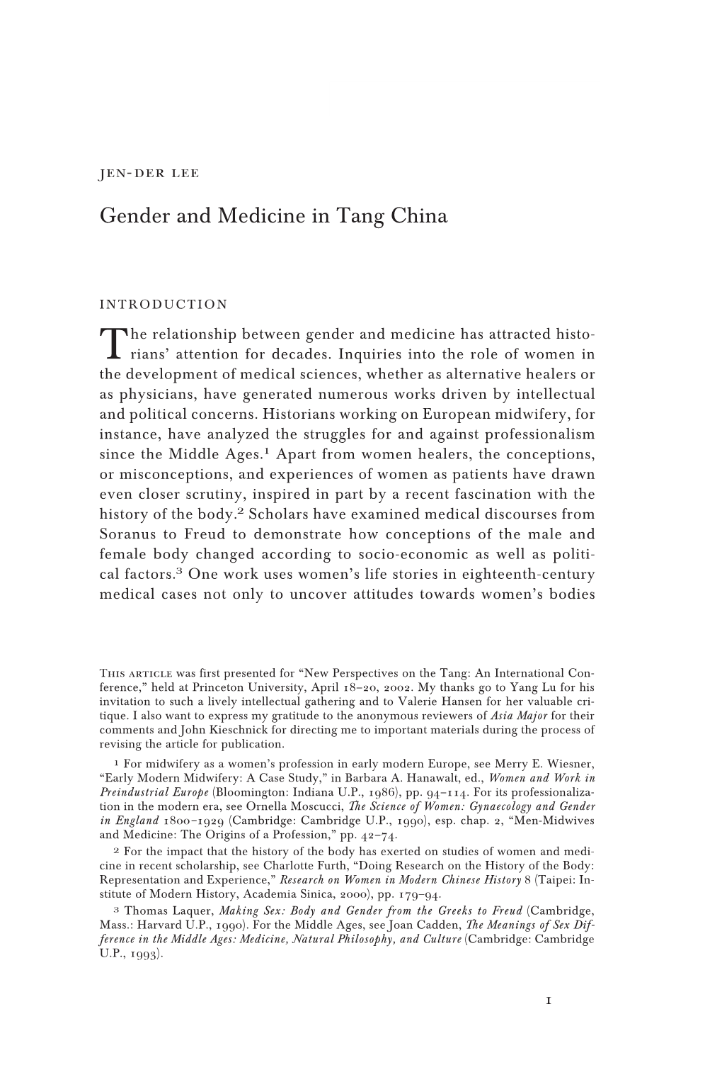 Gender and Medicine in Tang China