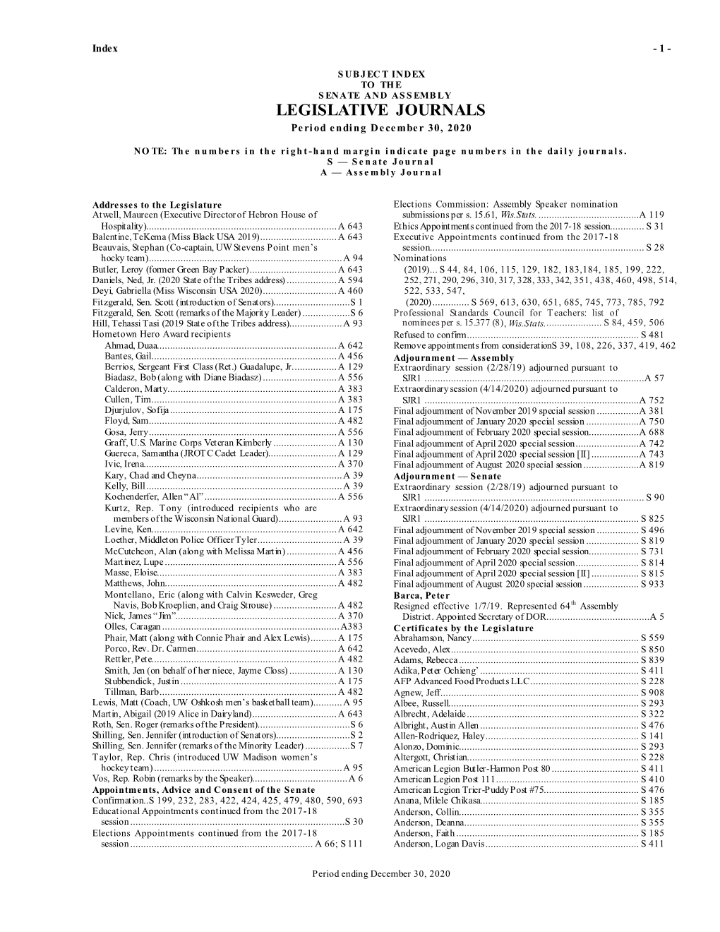 LEGISLATIVE JOURNALS Period Ending De Ce Mbe R 30, 2020