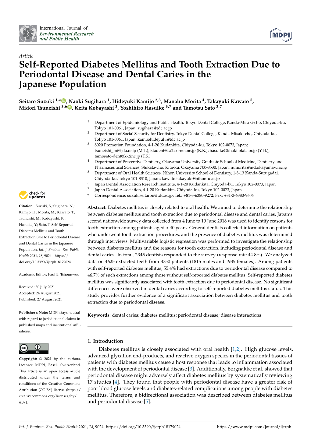 Self-Reported Diabetes Mellitus and Tooth Extraction Due to Periodontal Disease and Dental Caries in the Japanese Population