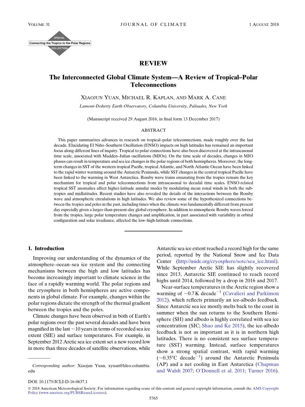 The Interconnected Global Climate System—A Review of Tropical–Polar Teleconnections