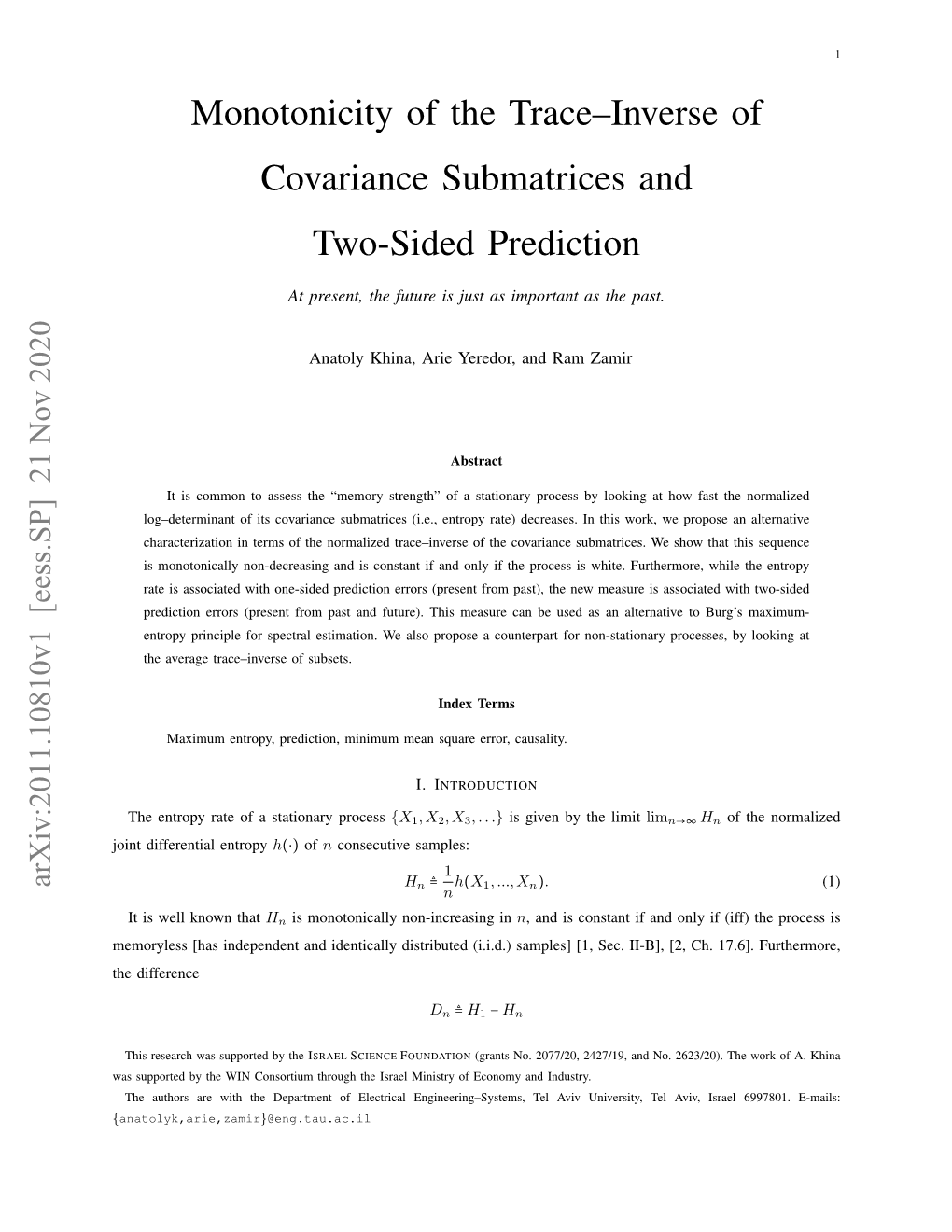 Monotonicity of the Trace–Inverse of Covariance Submatrices and Two-Sided Prediction