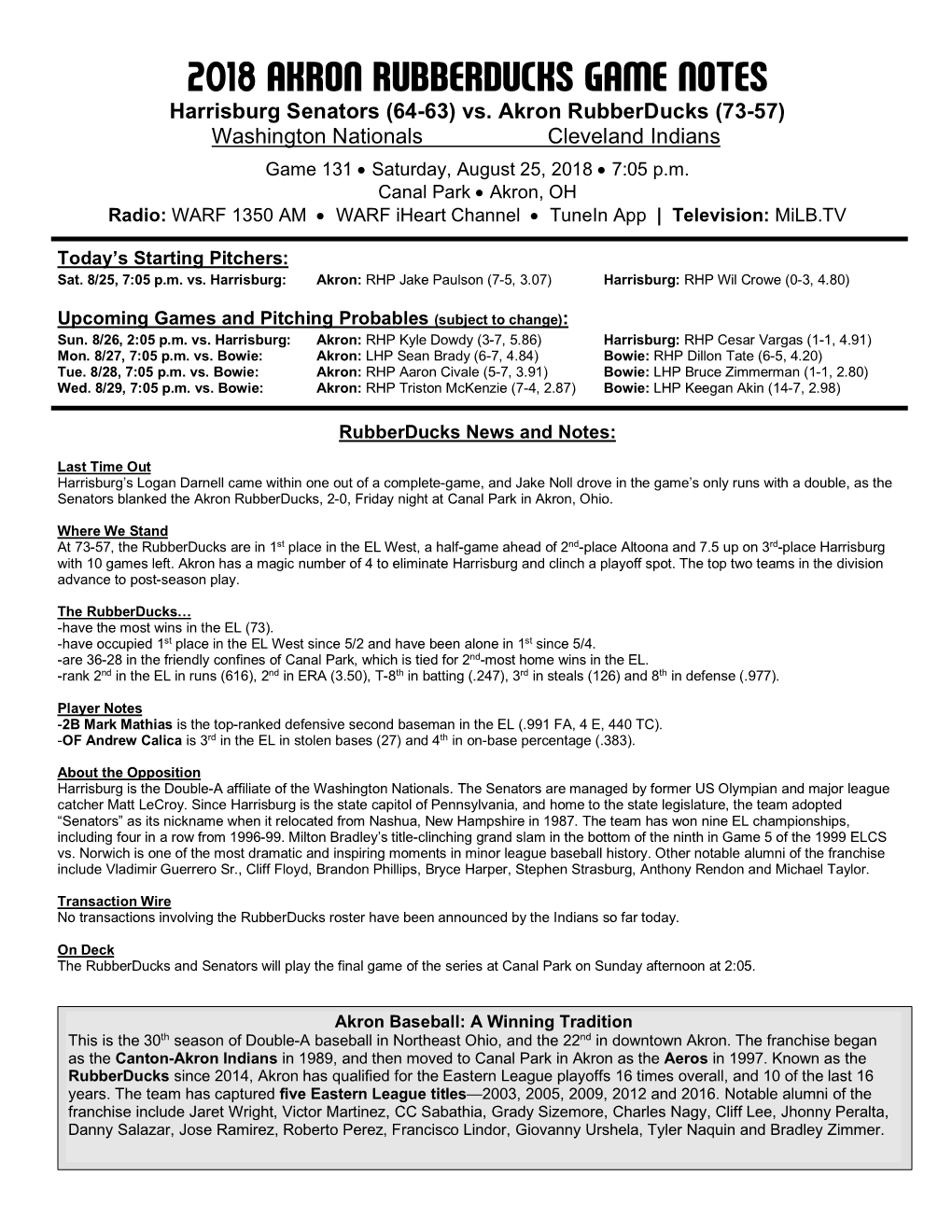 Rubberducks Game Notes 082518