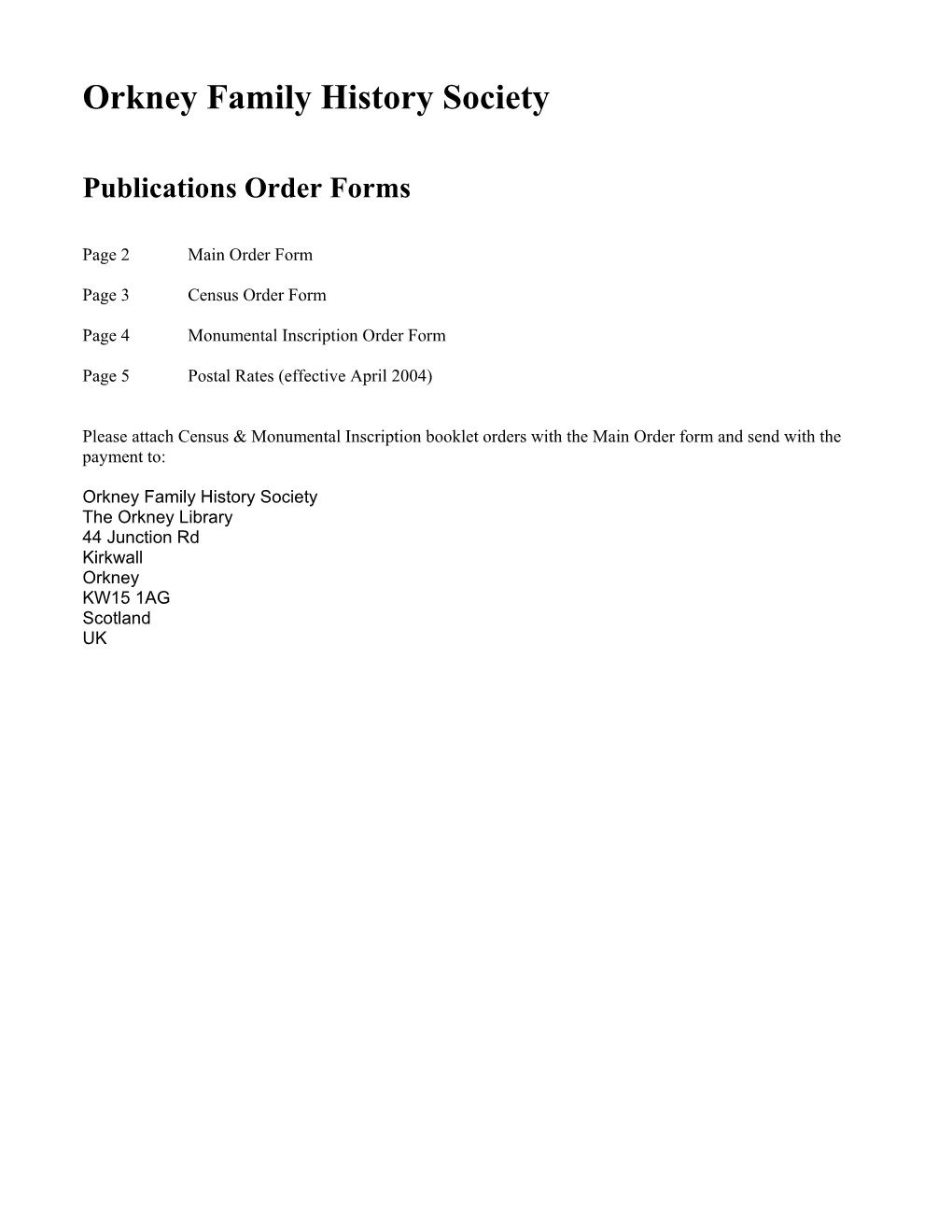 Orkney Family History Society Publications Order Forms