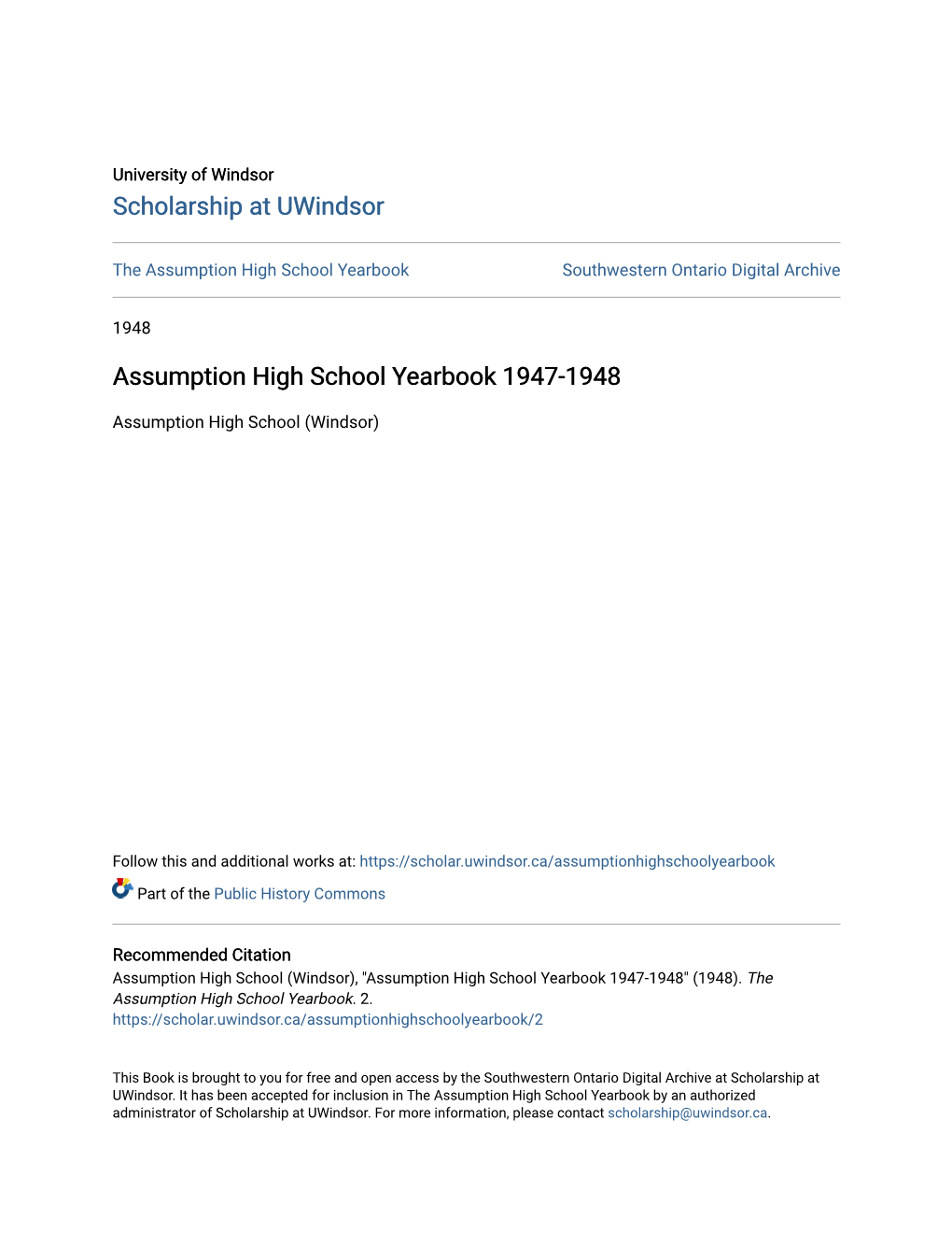 Assumption High School Yearbook 1947-1948