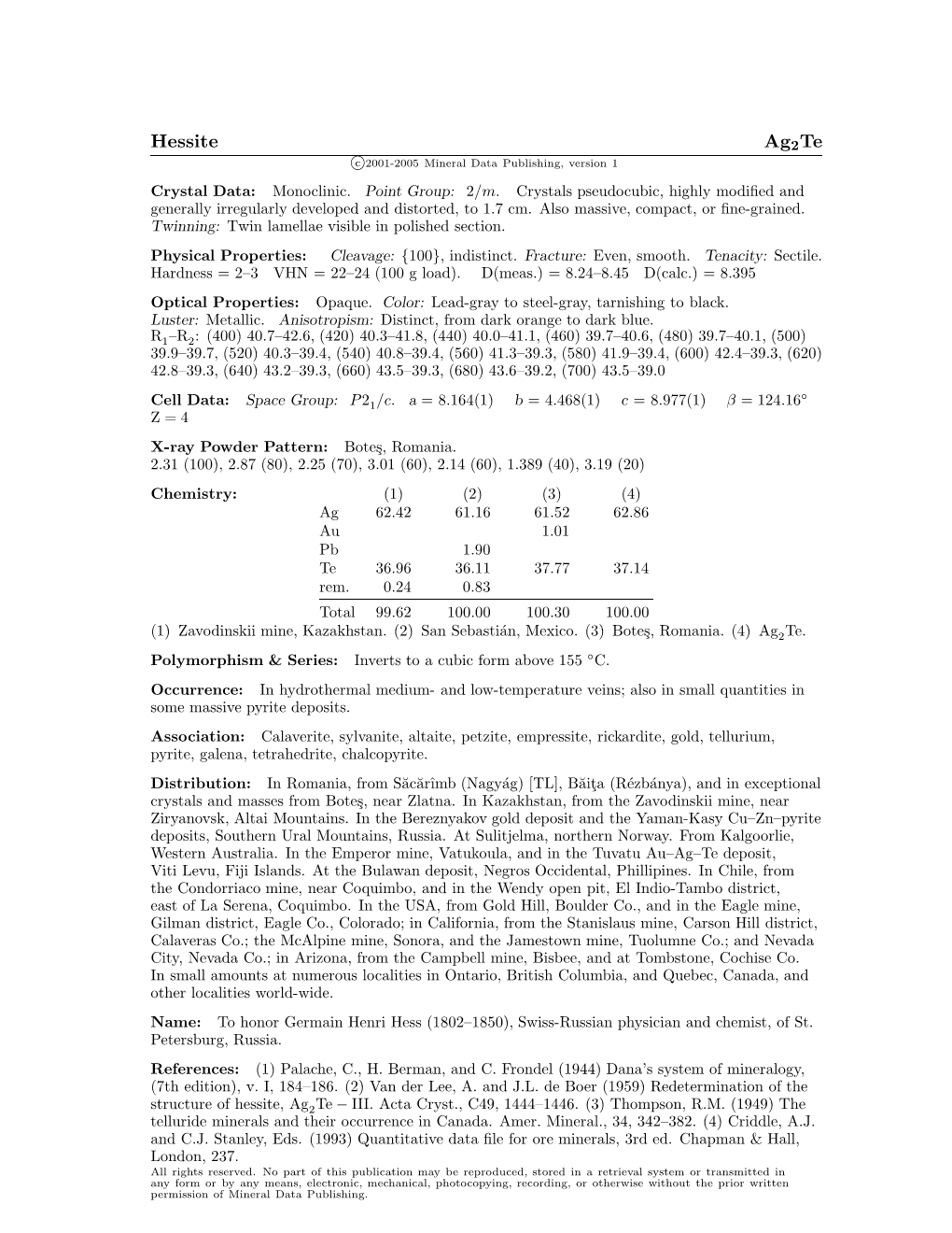 Hessite Ag2te C 2001-2005 Mineral Data Publishing, Version 1 Crystal Data: Monoclinic