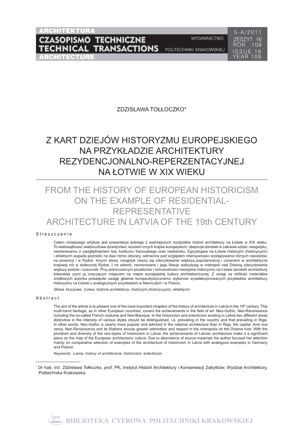 Z Kart Dziejów Historyzmu Europejskiego Na Przykładzie Architektury Rezydencjonalno-Reperzentacyjnej Na Łotwie W Xix Wieku