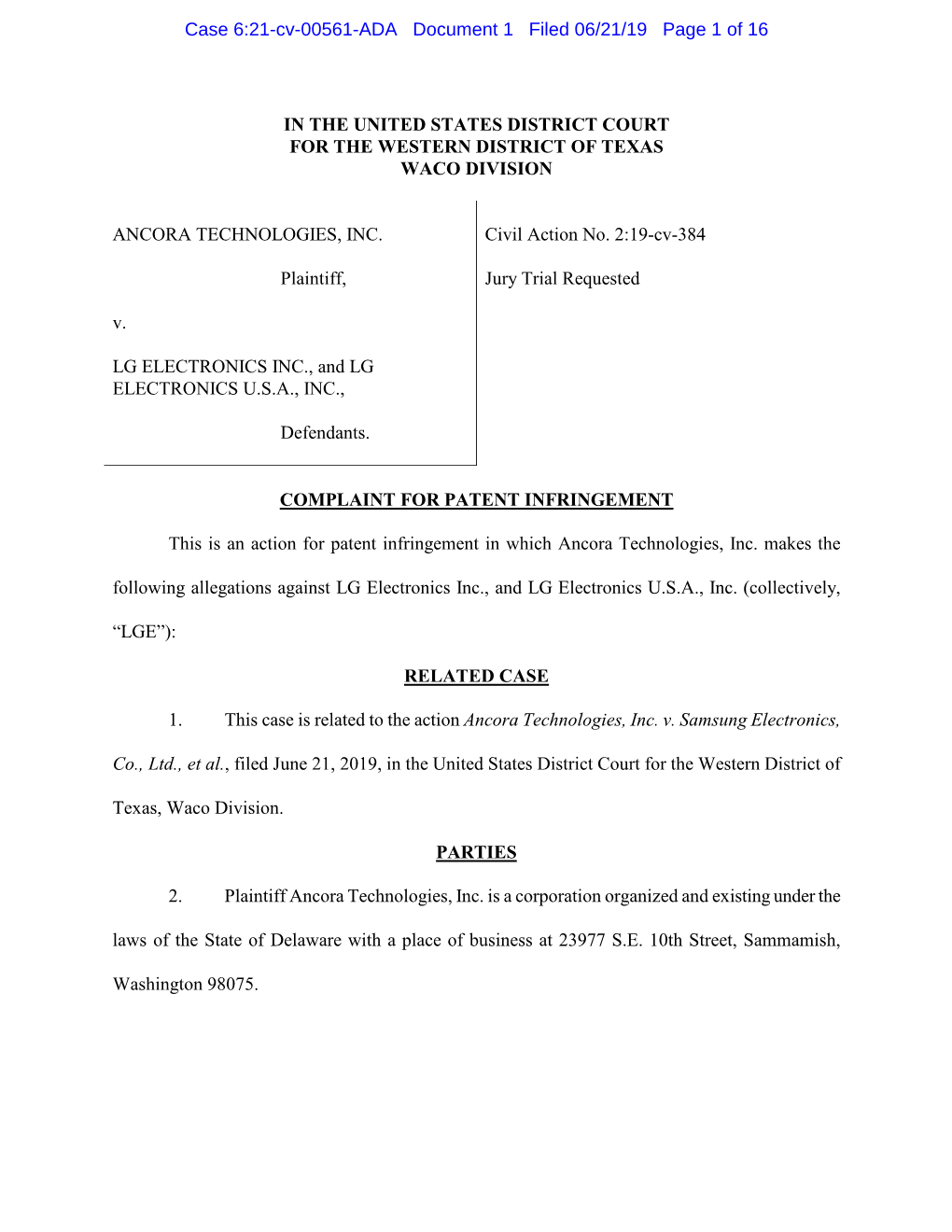 Case 6:21-Cv-00561-ADA Document 1 Filed 06/21/19 Page 1 of 16