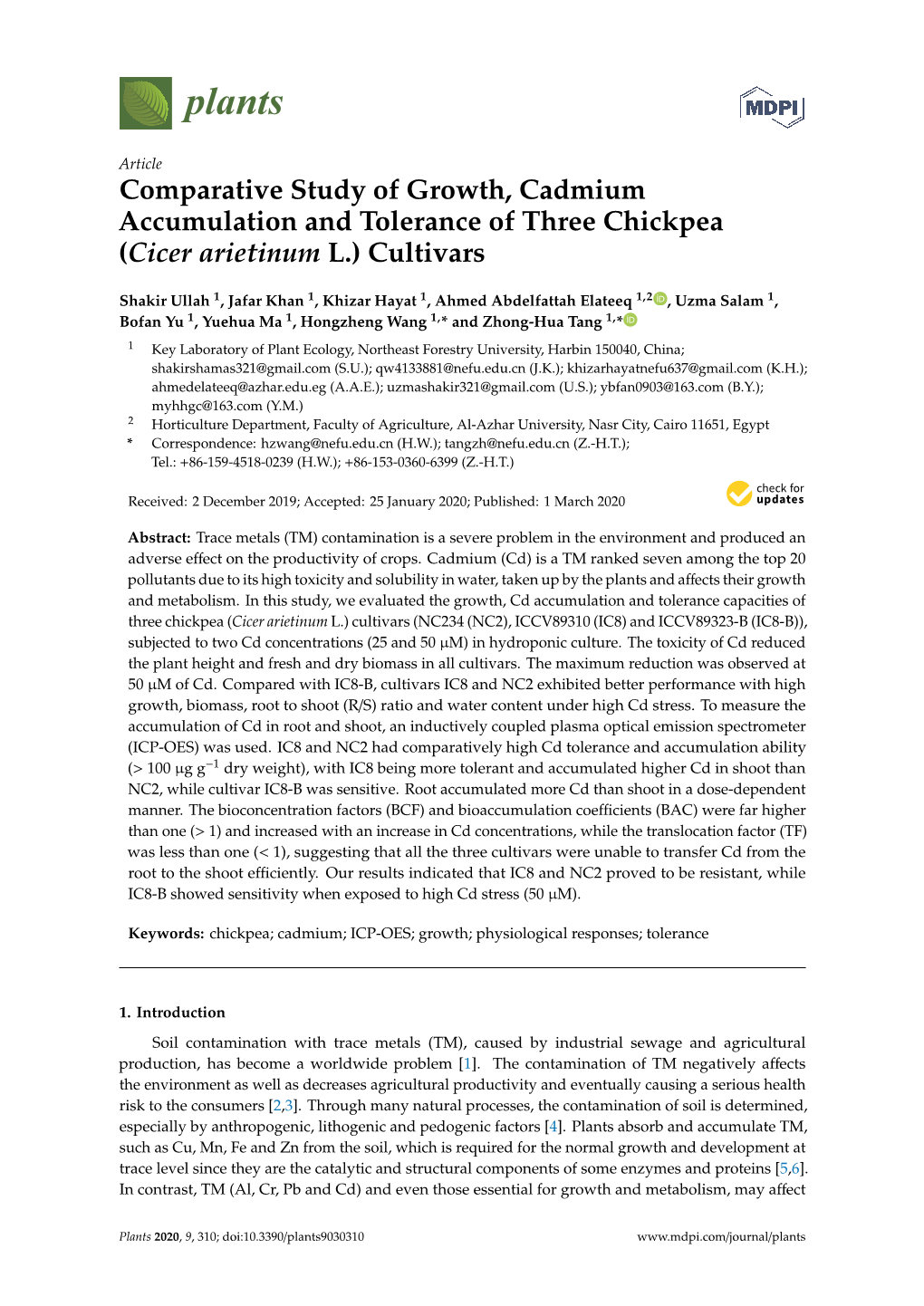 Comparative Study of Growth, Cadmium Accumulation and Tolerance of Three Chickpea (Cicer Arietinum L.) Cultivars