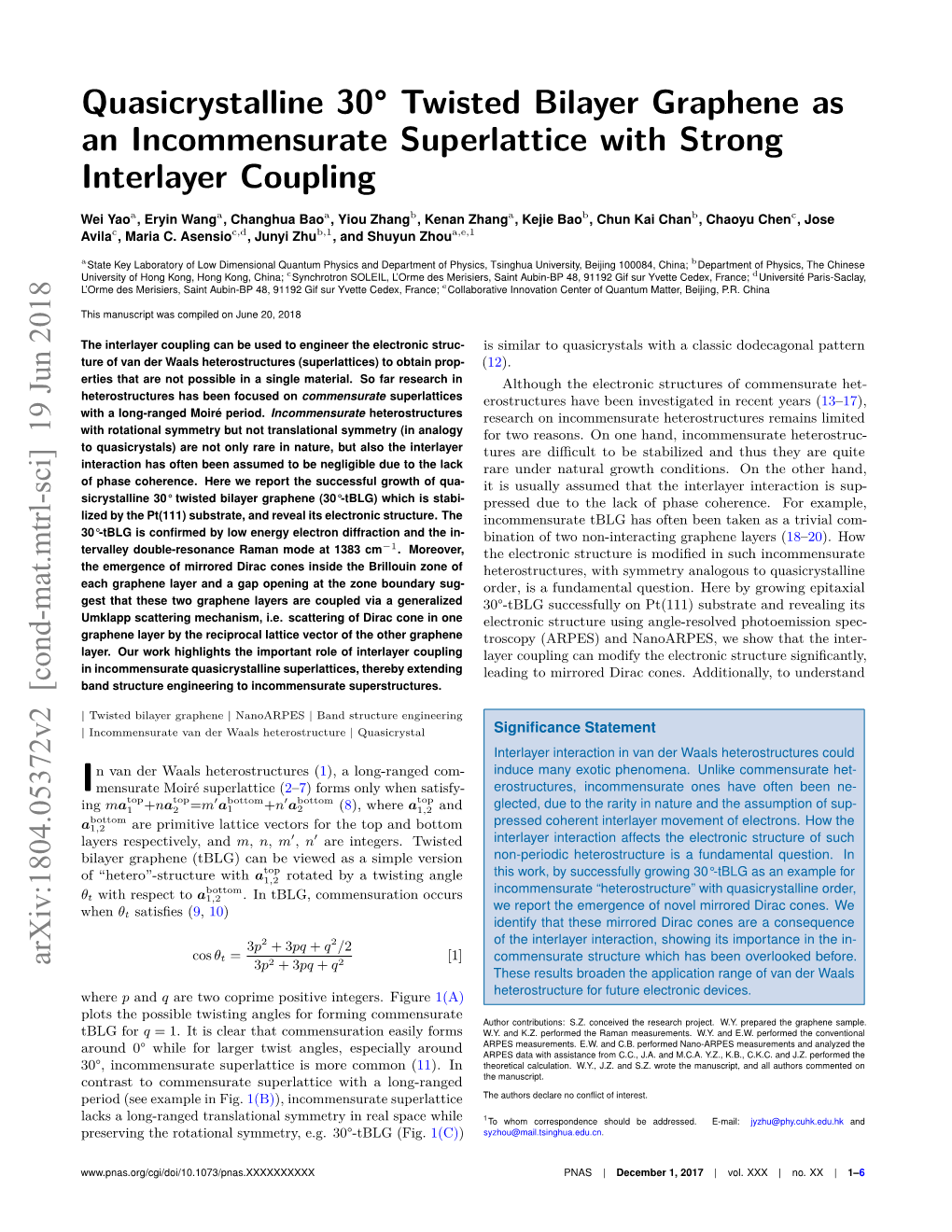 Quasicrystalline 30° Twisted Bilayer Graphene As an Incommensurate Superlattice with Strong Interlayer Coupling