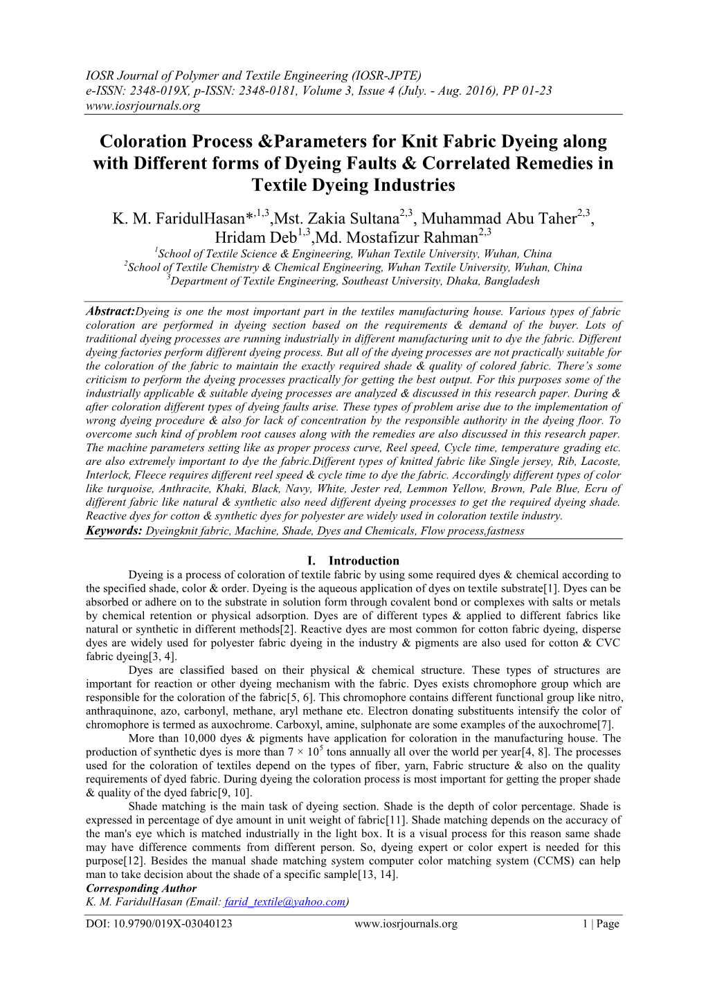 Coloration Process &Parameters for Knit Fabric Dyeing Along with Different Forms of Dyeing Faults & Correlated Remedies