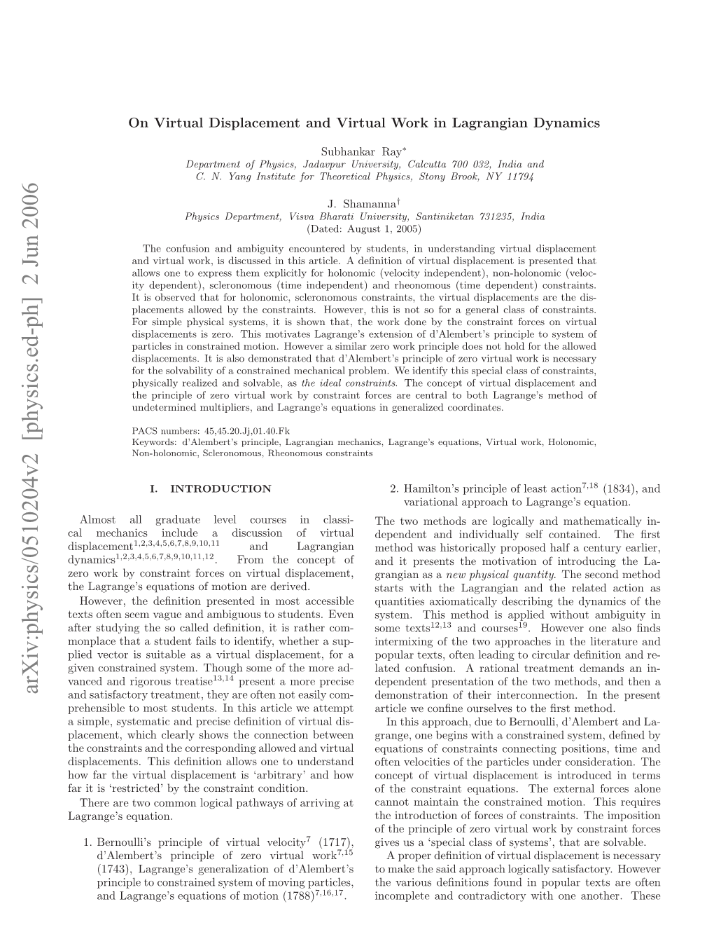 Physics/0510204V2 [Physics.Ed-Ph] 2 Jun 2006 a Ehnc Nld Icsino Virtual of Discussion a Include Mechanics Displacement Cal Dynamics Arnesequation