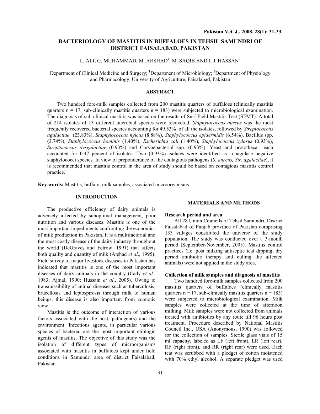 Bacteriology of Mastitis in Buffaloes in Tehsil Samundri of District Faisalabad, Pakistan