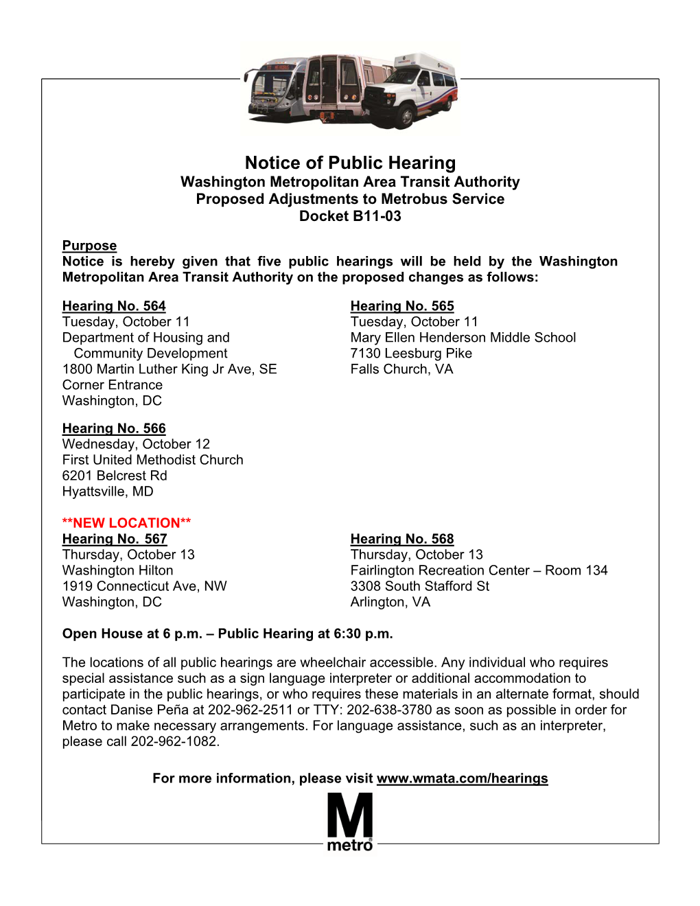 Notice of Public Hearing Washington Metropolitan Area Transit Authority Proposed Adjustments to Metrobus Service Docket B11-03