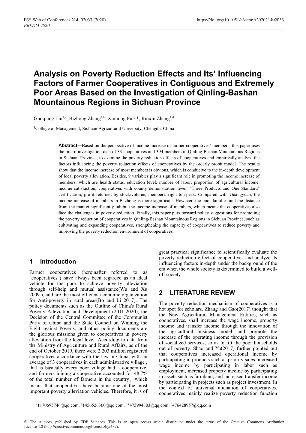 Analysis on Poverty Reduction Effects and Its' Influencing Factors of Farmer Cooperatives in Contiguous and Extremely Poor