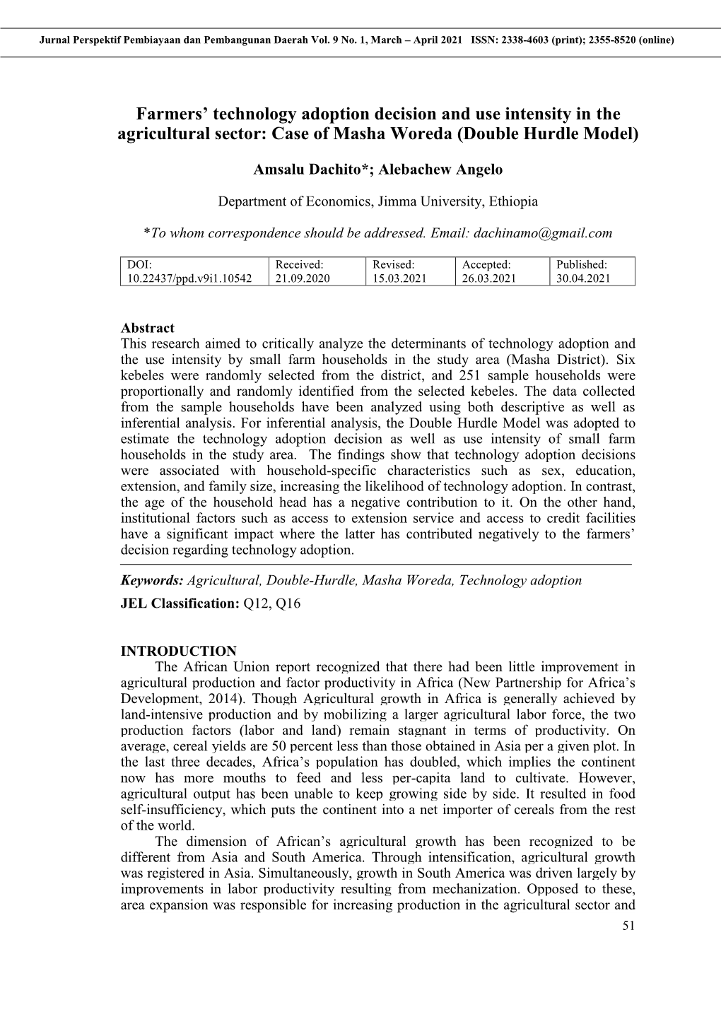 Farmers' Technology Adoption Decision and Use Intensity in the Agricultural Sector: Case of Masha Woreda (Double Hurdle Model)