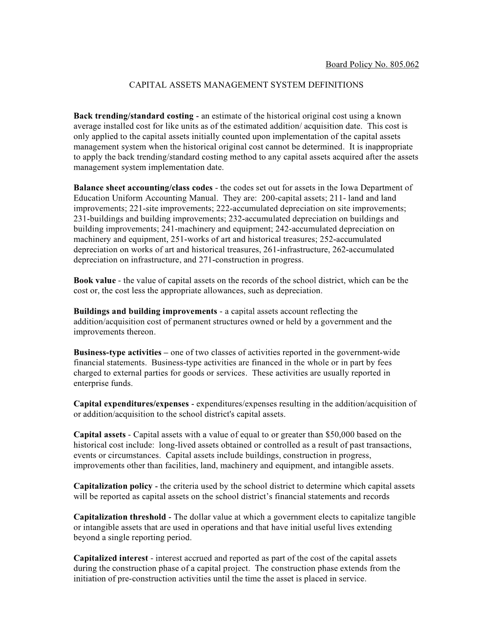 Board Policy 805.062 Capital Asset Definitions