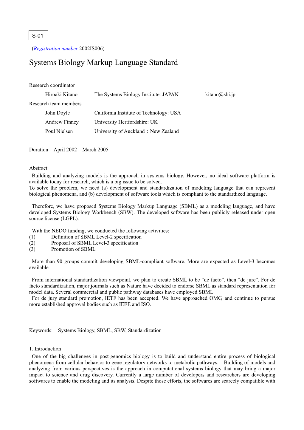 Systems Biology Markup Language Standard