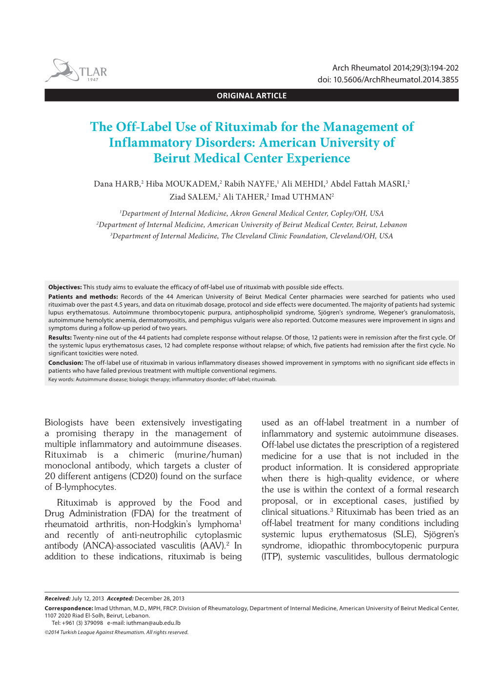 The Off-Label Use of Rituximab for the Management of Inflammatory Disorders: American University of Beirut Medical Center Experience