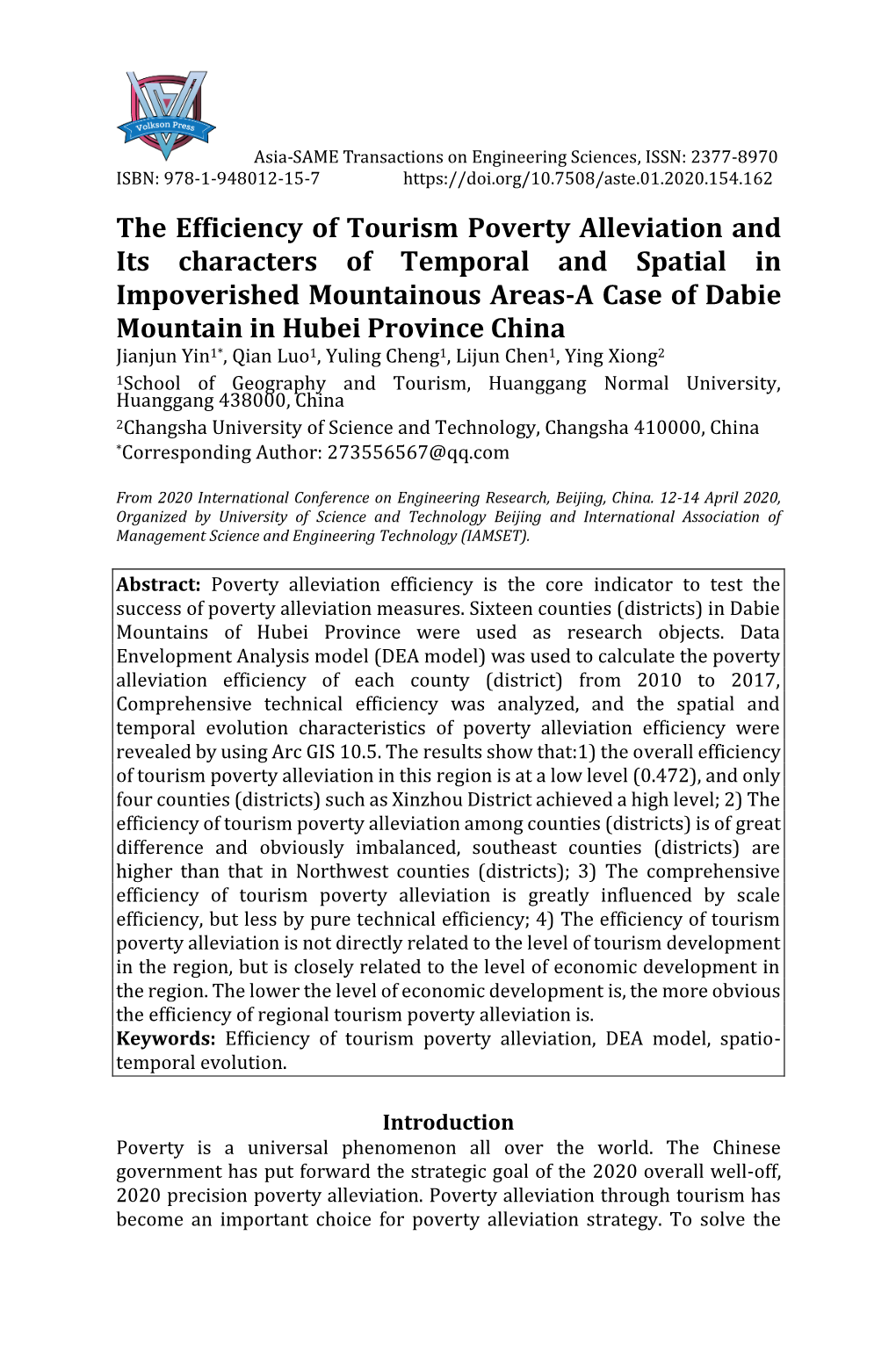 The Efficiency of Tourism Poverty Alleviation and Its Characters Of