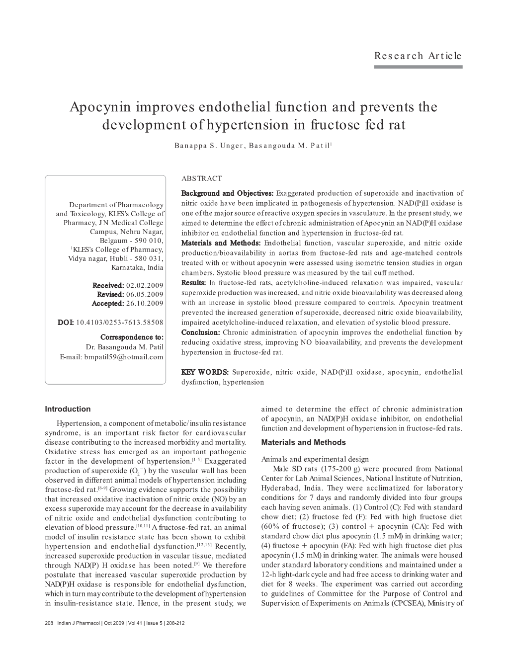 Apocynin Improves Endothelial Function and Prevents the Development of Hypertension in Fructose Fed Rat Banappa S