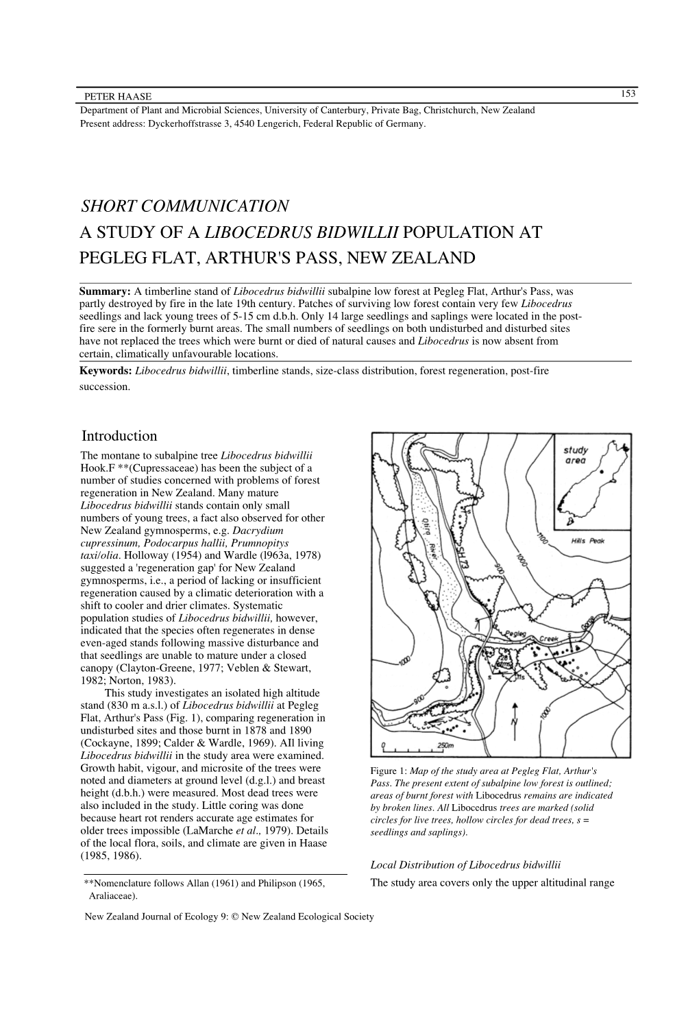 A Study of a Libocedrus Bidwillii Population at Pegleg Flat, Arthur's Pass, New Zealand