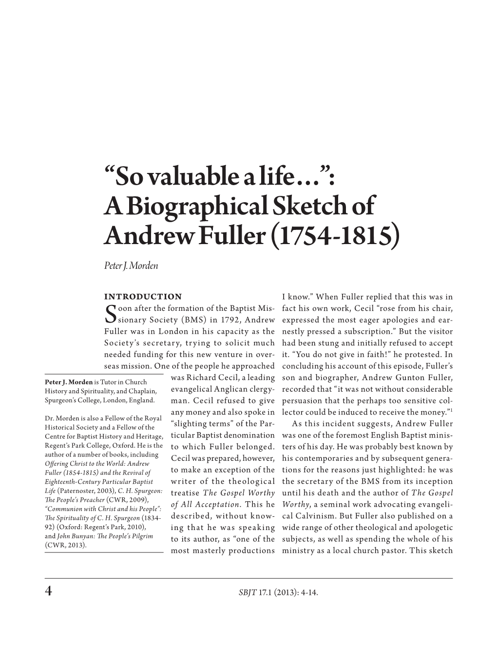 A Biographical Sketch of Andrew Fuller (1754-1815) Peter J