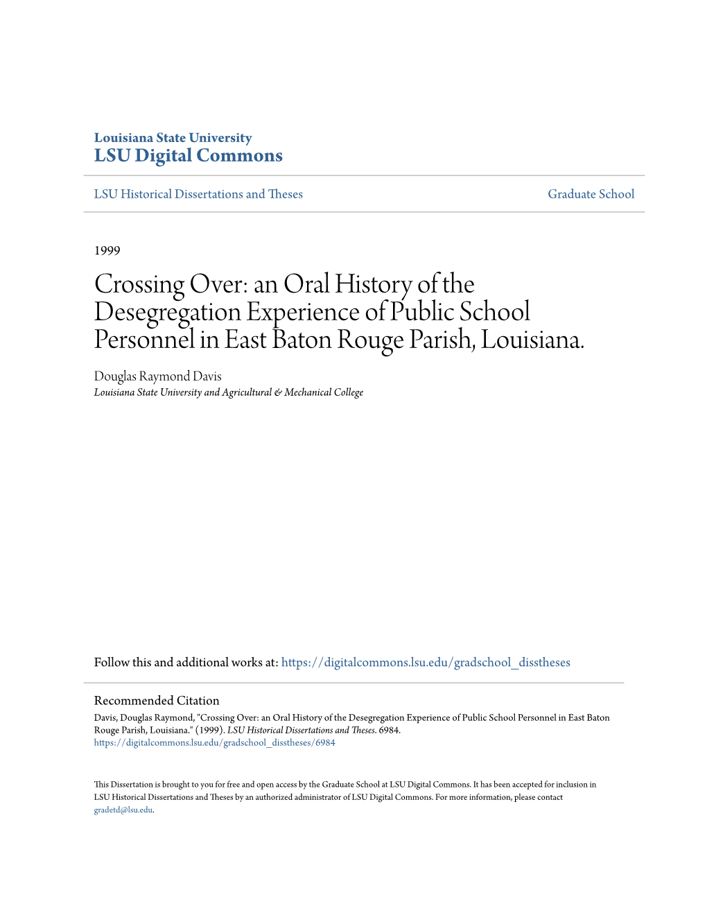 An Oral History of the Desegregation Experience of Public School Personnel in East Baton Rouge Parish, Louisiana