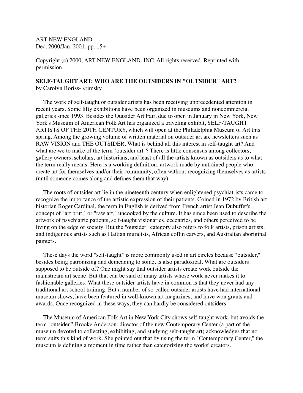 ART NEW ENGLAND Dec. 2000/Jan. 2001, Pp. 15+ Copyright