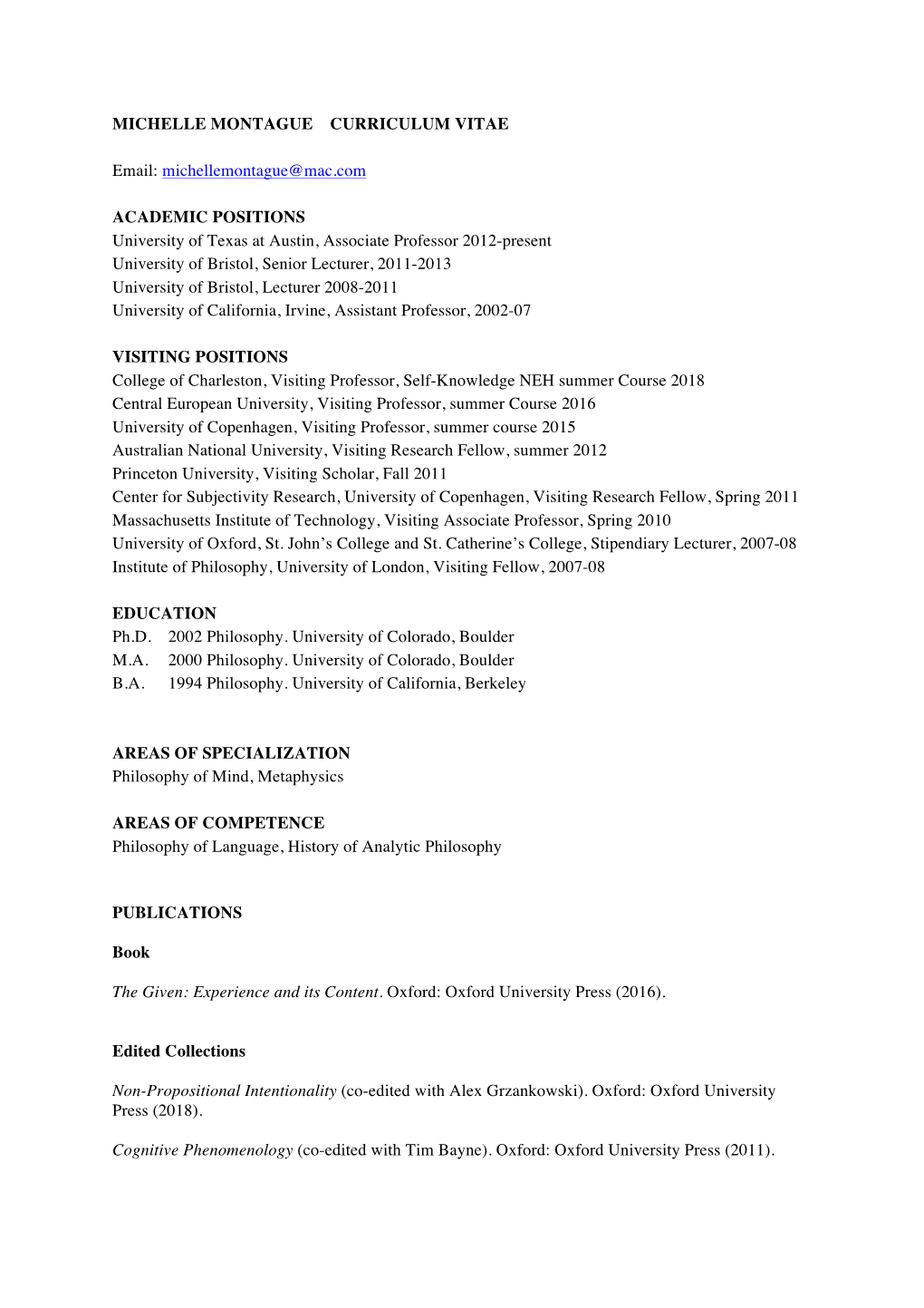 Michelle Montague Curriculum Vitae