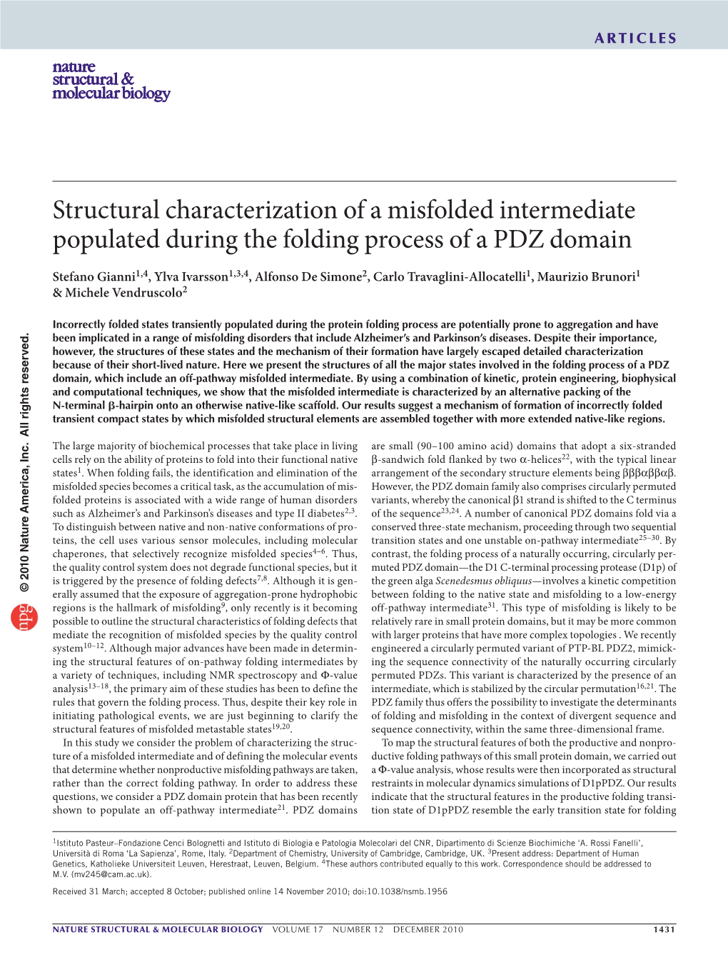 Structural Characterization of a Misfolded Intermediate Populated During the Folding Process of a PDZ Domain