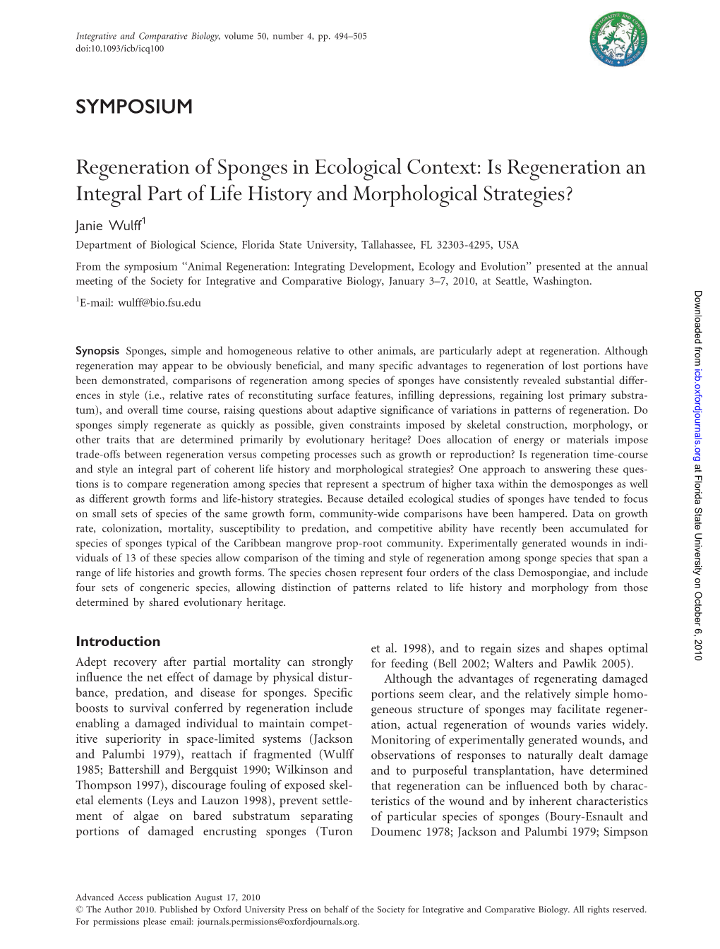 Regeneration of Sponges in Ecological Context