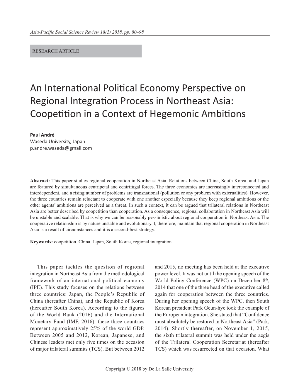 An International Political Economy Perspective on Regional Integration Process in Northeast Asia: Coopetition in a Context of Hegemonic Ambitions