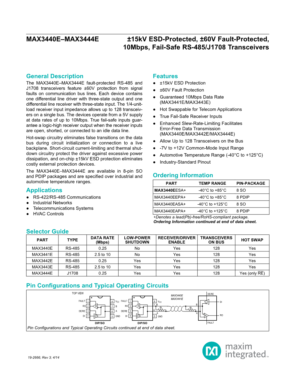 MAX3440E–MAX3444E ±15Kv ESD-Protected, ±60V Fault-Protected, 10Mbps, Fail-Safe RS-485/J1708 Transceivers