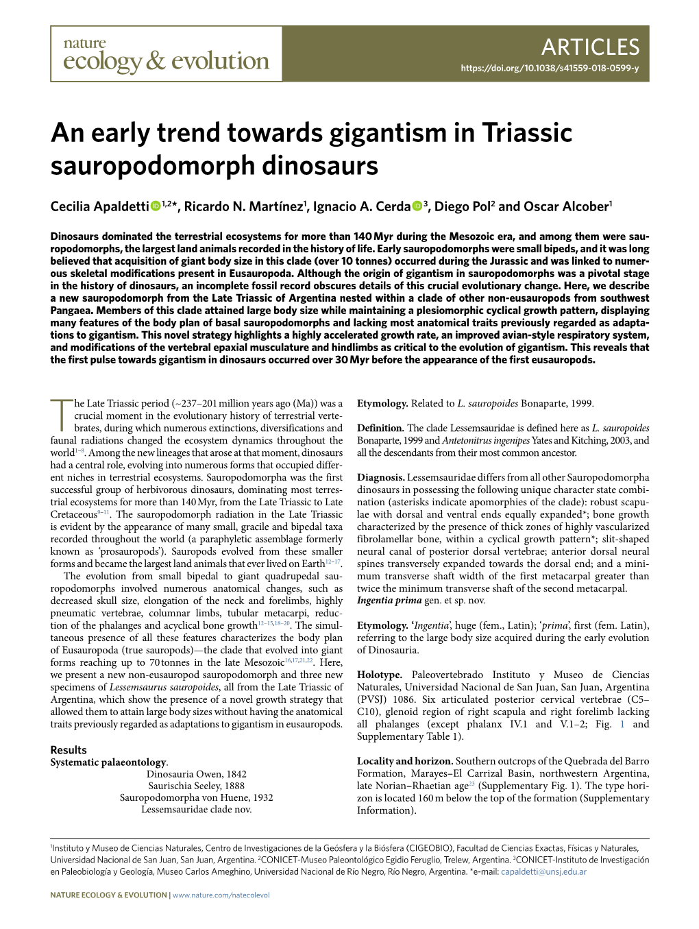 An Early Trend Towards Gigantism in Triassic Sauropodomorph Dinosaurs