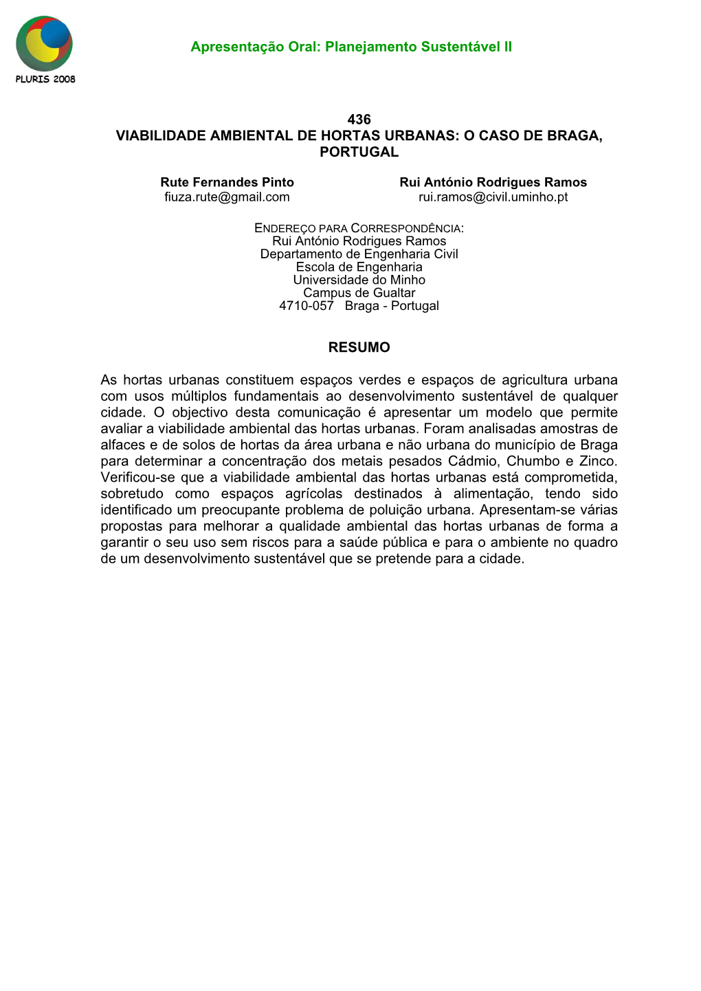 Viabilidade Ambiental De Hortas Urbanas: O Caso De Braga, Portugal