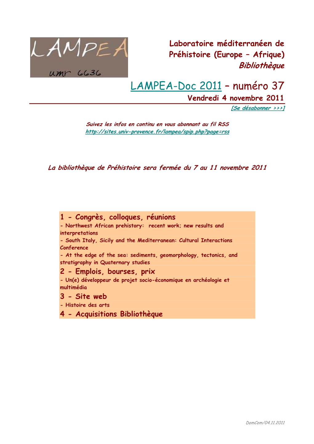 LAMPEA-Doc 2011 – Numéro 37 Vendredi 4 Novembre 2011 [Se Désabonner >>>]