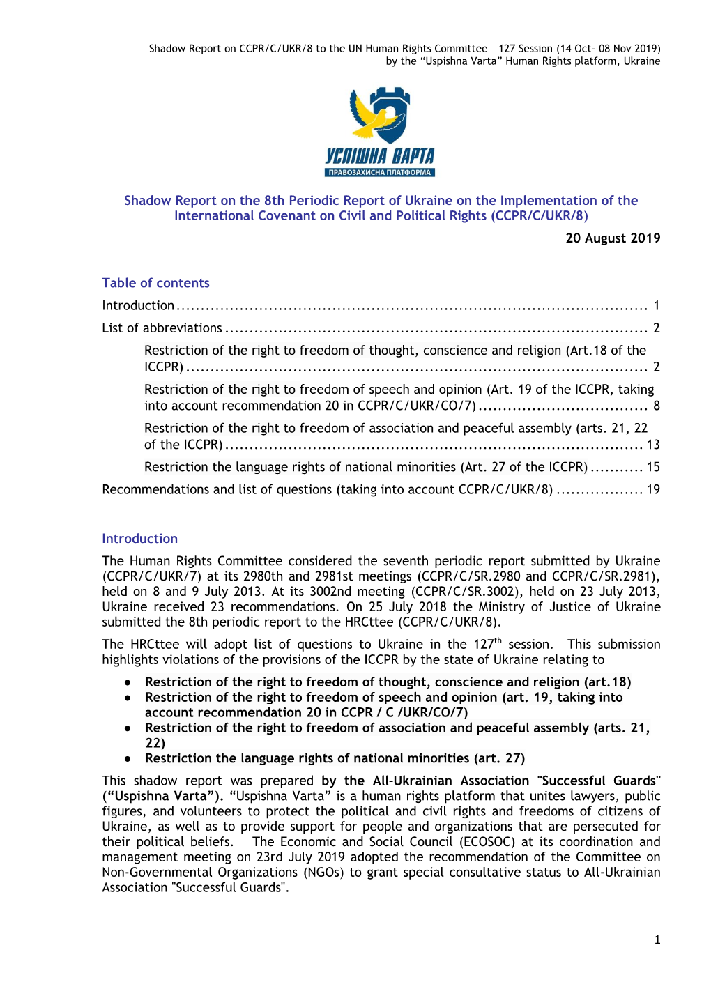 1 Shadow Report on the 8Th Periodic Report of Ukraine on The