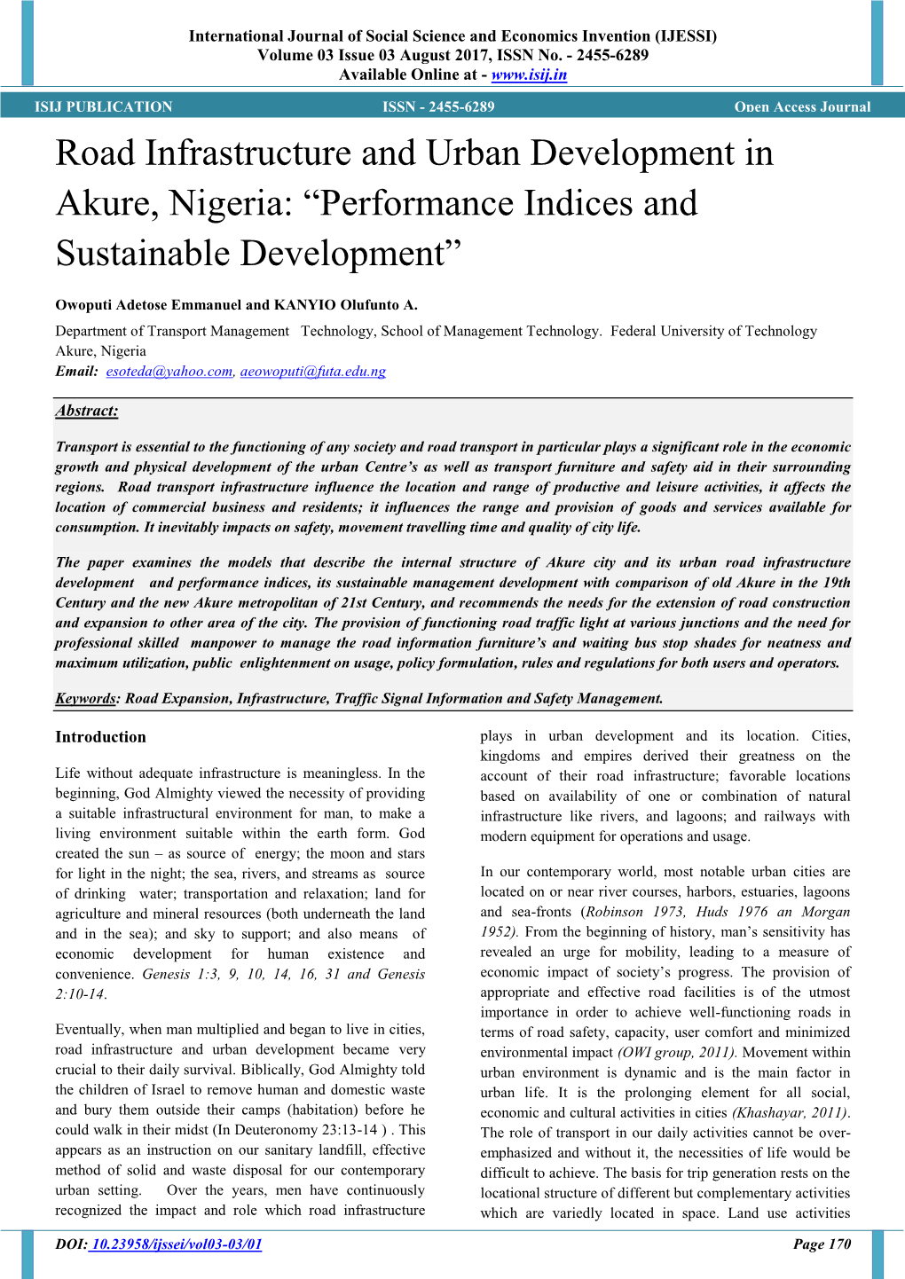 Road Infrastructure and Urban Development in Akure, Nigeria: “Performance Indices and Sustainable Development”
