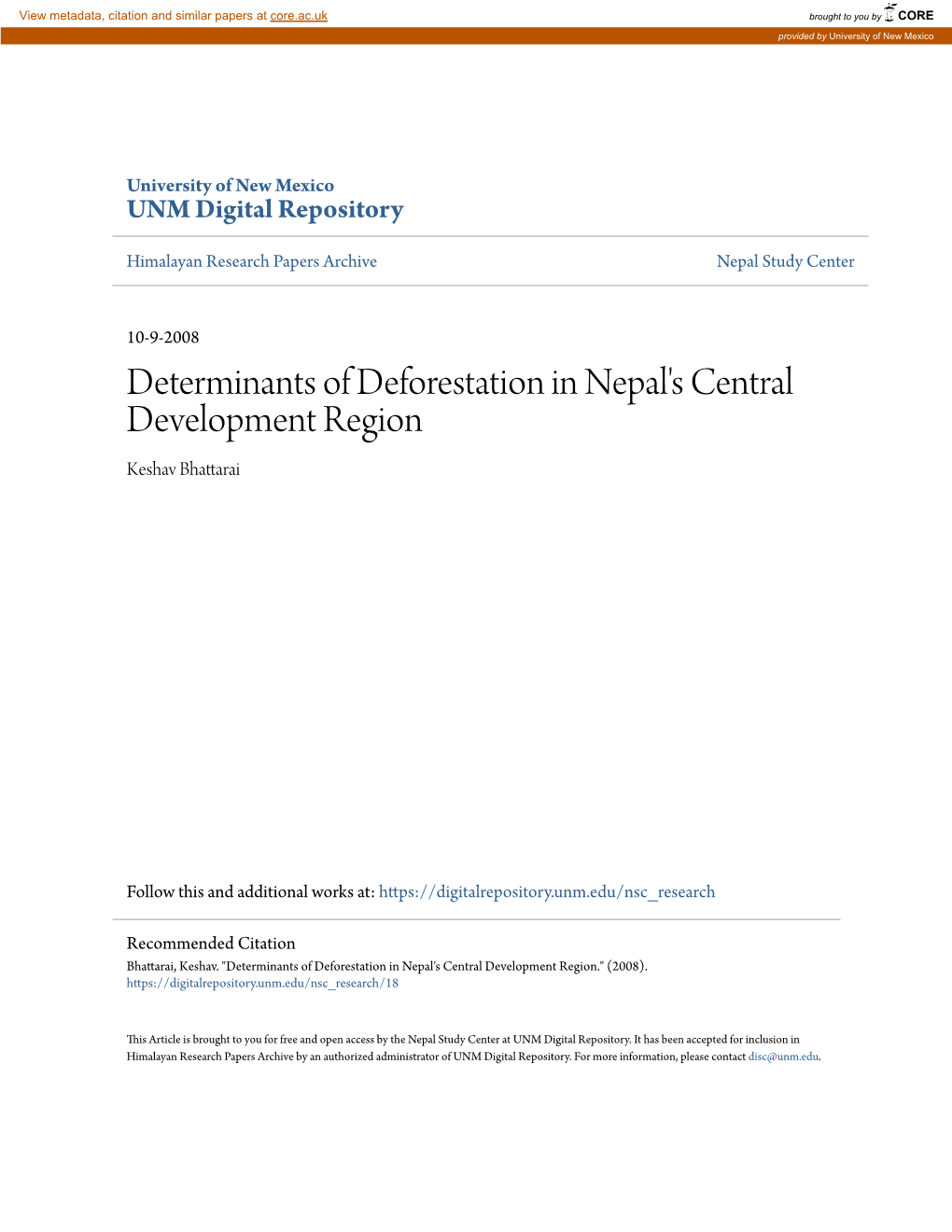 Determinants of Deforestation in Nepal's Central Development Region Keshav Bhattarai