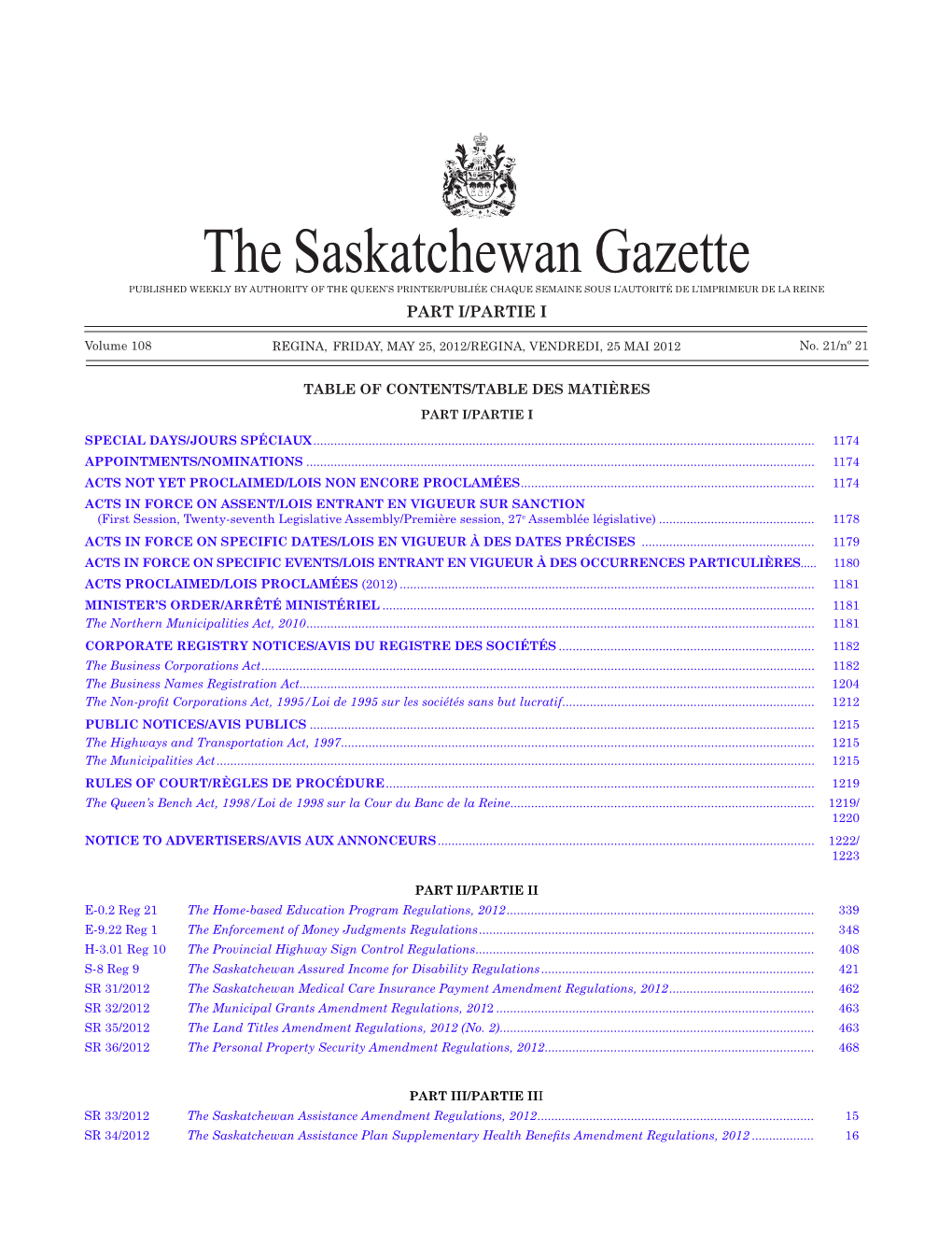 THE SASKATCHEWAN GAZETTE, May 25, 2012 1173