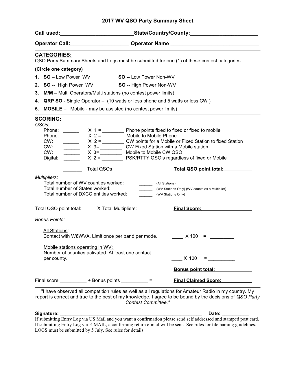 2007 WV QSO Party Summary Sheet