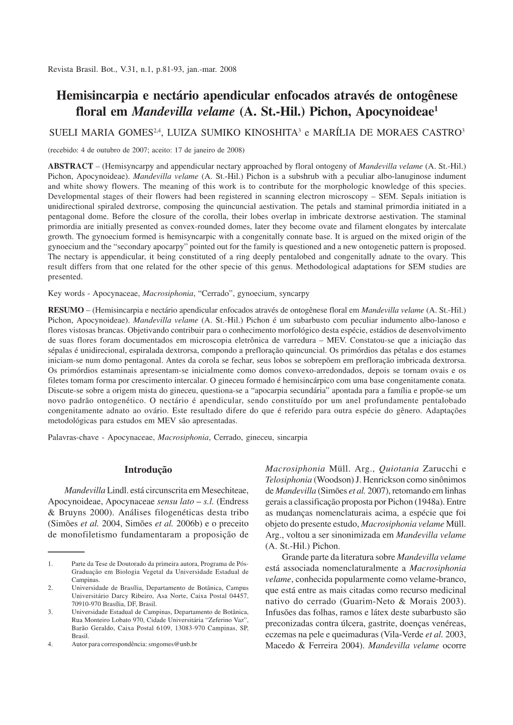 Hemisincarpia E Nectário Apendicular Enfocados Através De Ontogênese Floral Em Mandevilla Velame (A