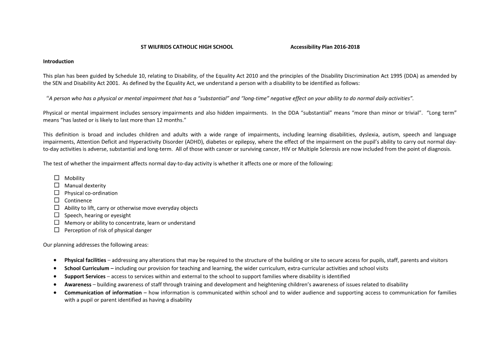 ST WILFRIDS CATHOLIC HIGH SCHOOL Accessibility Plan 2016-2018