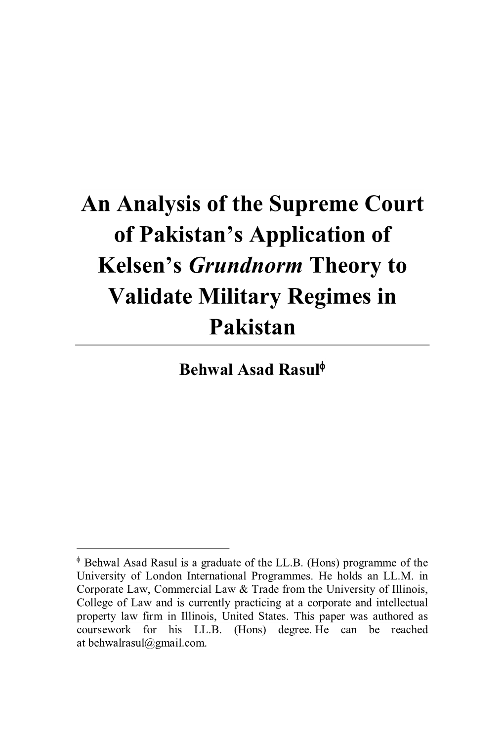 An Analysis of the Supreme Court of Pakistan's Application of Kelsen's